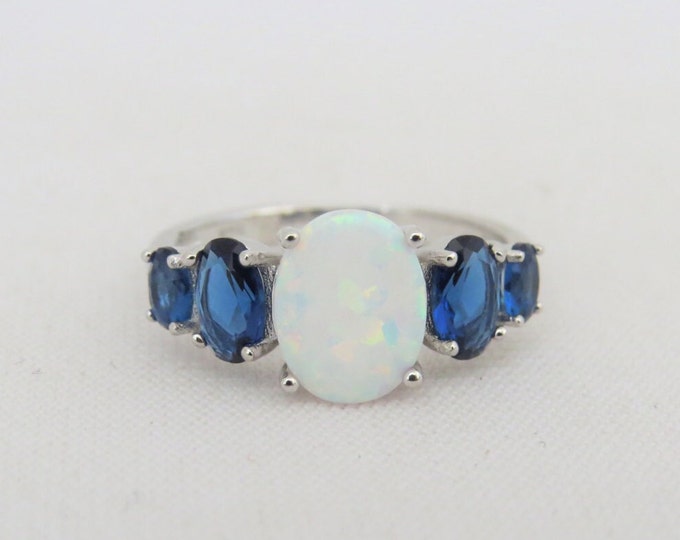 Vintage Sterling Silver White Opal & Blue Sapphire Ring Size 9