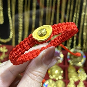 Vintage 24K 9999 Yellow Gold Money Luck with Red Weave Adjustable Bracelet.