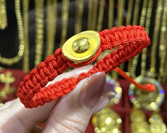 Vintage 24K 9999 Yellow Gold Money Luck with Red Weave Adjustable Bracelet.