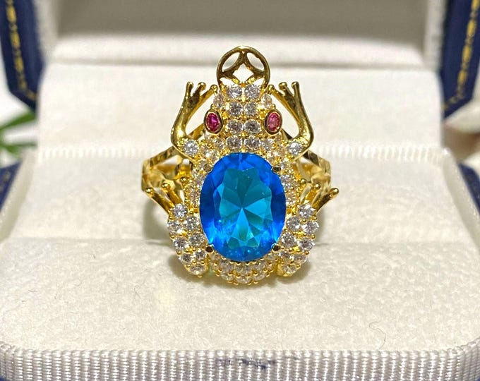 Vintage 15K 610 Solid Yellow Gold Blue Sapphire & White Topaz Ruby Eye's Frog Ring Size 7.75