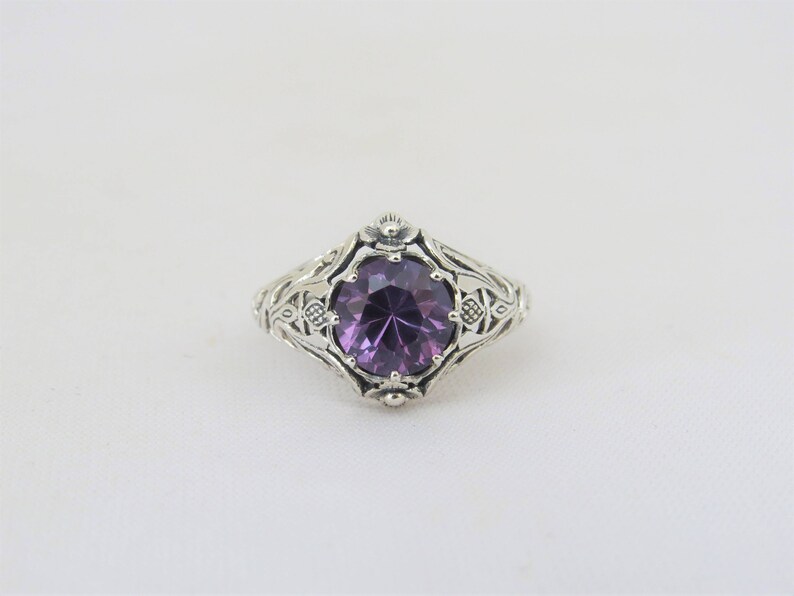 Vintage Sterling Silver Round cut Alexandrite Filigree Ring Size 7