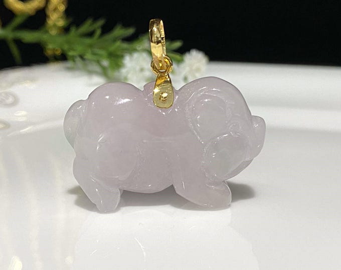 Vintage 14K Solid Gold Natural Light Purple Lavender, Green Jadeite Jade Chinese Zodiac PIG Carved Pendant.