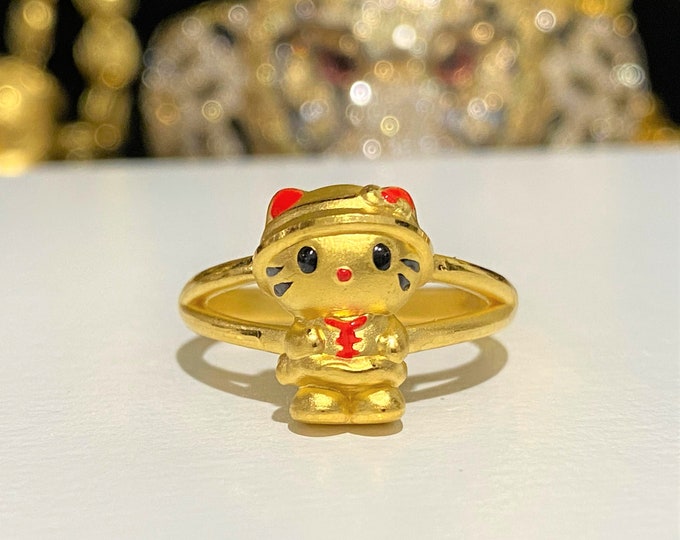 24K 999 Gold 3D Red Enamel Kitty Cat Vintage Ring Size 6.75