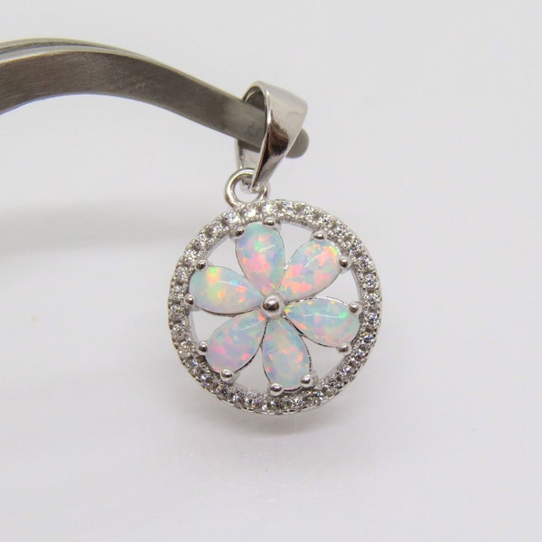 Vintage Sterling Silver White Opal & White Topaz Flower Pendant