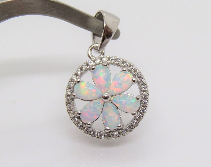 Vintage Sterling Silver White Opal & White Topaz Flower Pendant