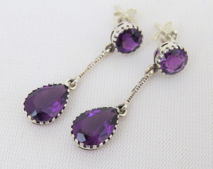 Vintage Sterling Silver Round & Pear cut Amethyst Dangle Drop Earrings