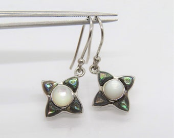 Vintage Sterling Silver Mother of Pearl & Abalone Dangle Earrings
