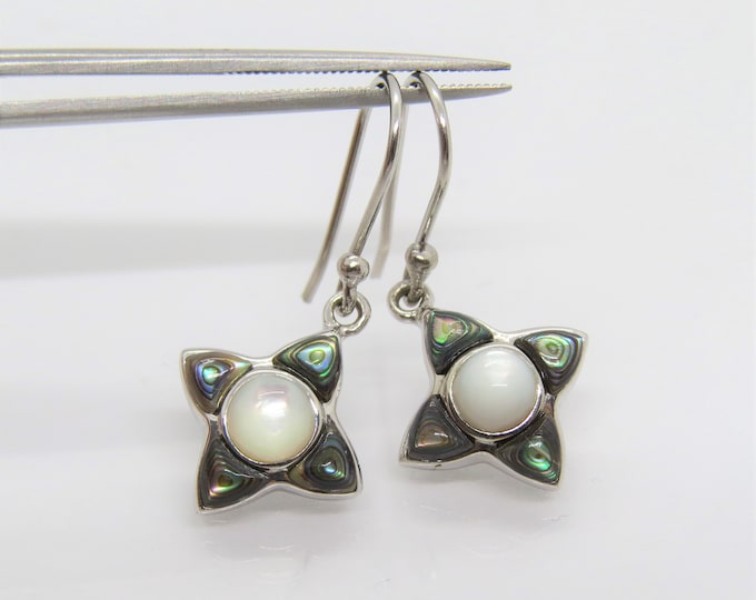 Vintage Sterling Silver Mother of Pearl & Abalone Dangle Earrings