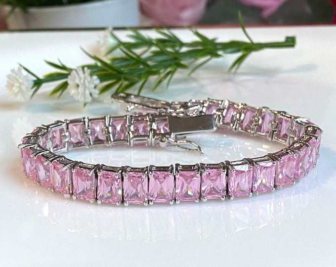Vintage Sterling Silver Rectangular Pink Sapphire Link Bracelet 7 1/2''