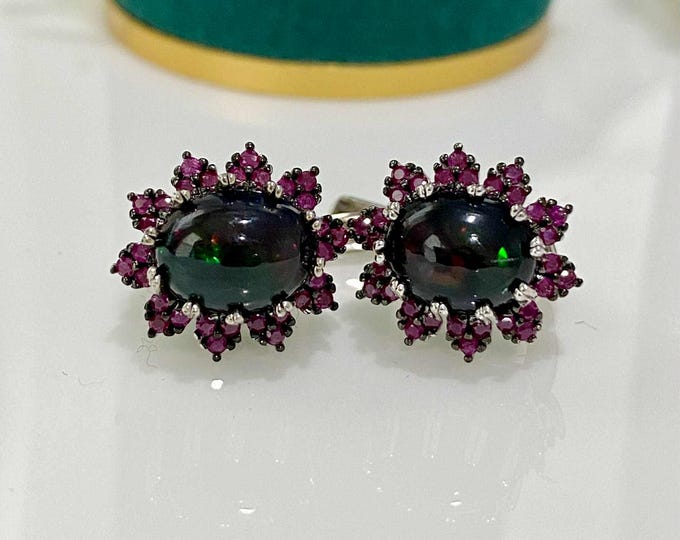 Vintage Sterling Silver 3.72cts Natural Black Opal & Ruby Earrings.