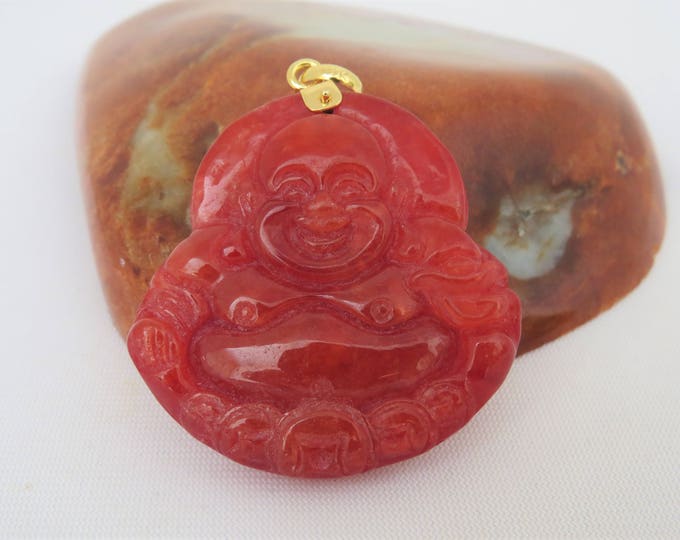 Vintage 18K Solid Yellow Gold Blood Red Jadeite Jade Carved Laughing Buddha Pendant