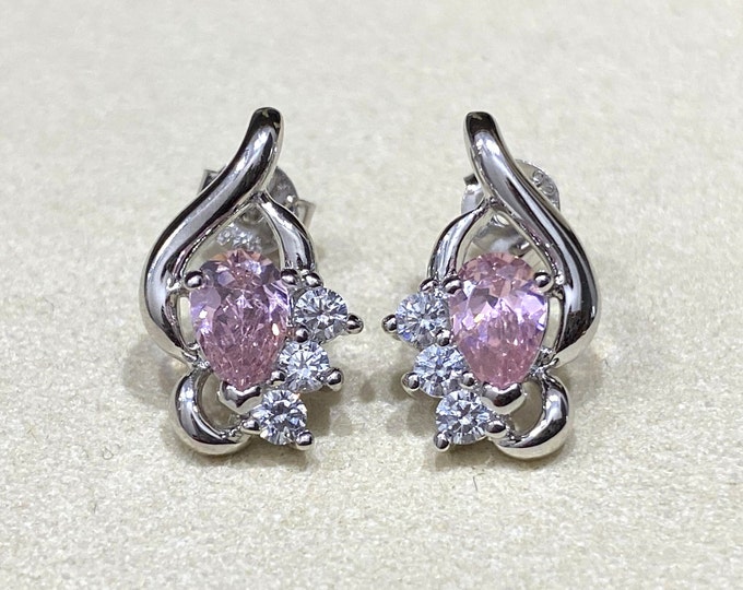 Vintage Sterling Silver Pink Sapphire & White Topaz Earrings.