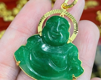 Vintage 24K Gold Green Jadeite Laughing Buddha Pendant