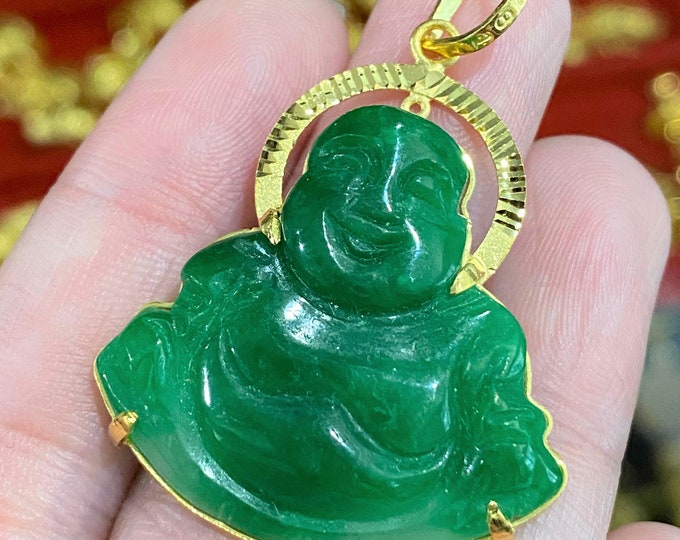 Vintage 24K 980 Solid Gold Green Jadeite Jade Laughing Buddha, Happy Buddha Pendant. Mat Phat Di Lac.