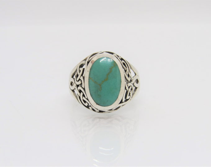 Vintage Sterling Silver Turquoise CELTIC Unisex Dome Ring Size 9