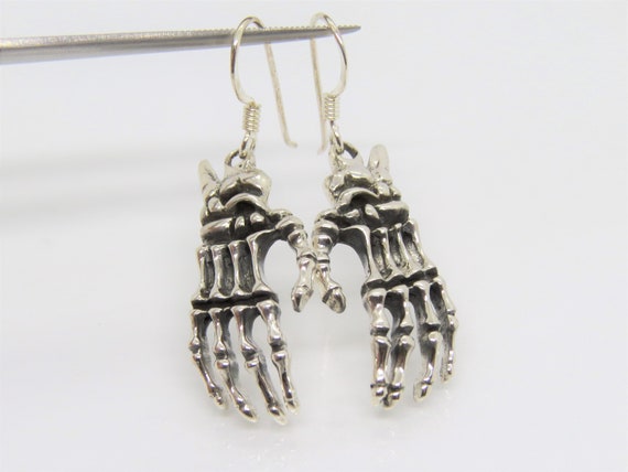 Vintage Sterling Silver Skeleton Hand Dangle Earr… - image 1