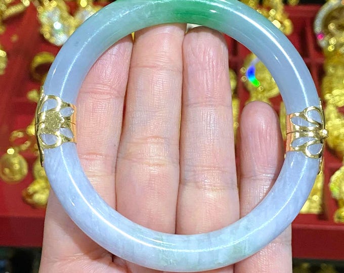 Vintage 15K 610 Solid Gold Purple Lavender, Green Jadeite Jade Hinged Bangle Bracelet 56MM
