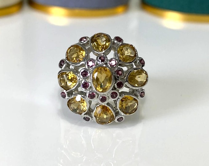 Vintage Sterling Silver Natural Citrine & Rhodolite Ring Size 8 1/4