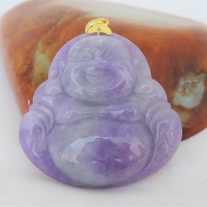 Vintage 18K Solid Gelbgold Natürliche Lila Lavendel Jadeit Jade Lachender Buddha Anhänger