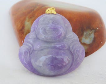 Vintage 18K Solid Yellow Gold Natural Purple Lavender Jadeite Jade Laughing Buddha Pendant
