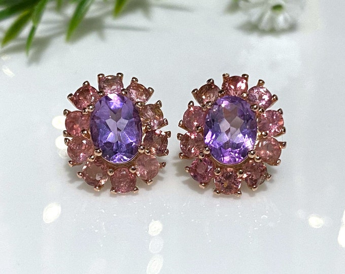 Vintage Sterling Silver Rose Gold Plate Natural Amethyst, Tourmaline Earrings