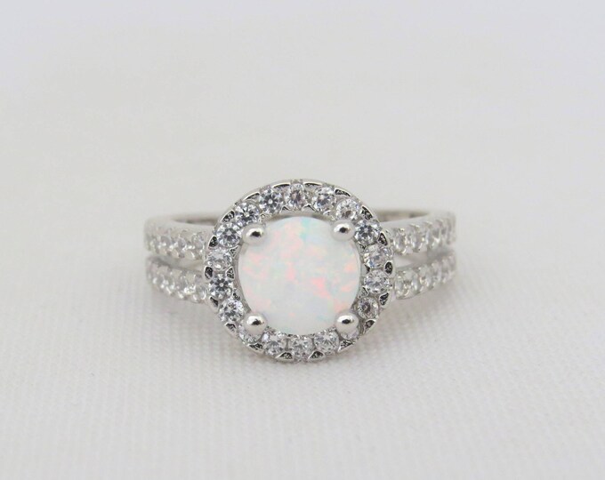 Vintage Sterling Silver White Opal & White Topaz Halo Engagement Ring Size 8