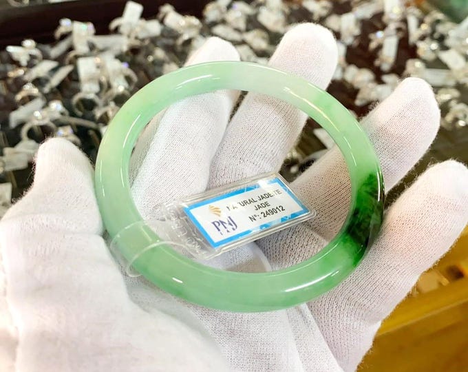 Vintage Translucent Natural Green, White Jadeite Jade Bangle Bracelet 57.5MM