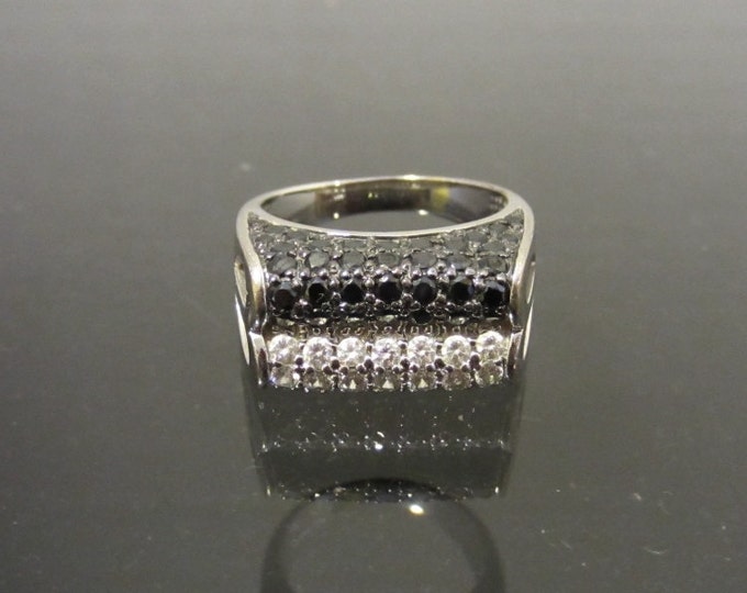 Vintage Modernist Sterling Silver Two Row Black Sapphire & CZ High Dome Ring Size 8.25