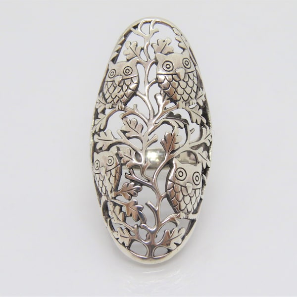 Vintage Sterling Silver Owls Leaf Filigree Long Ring Size 8