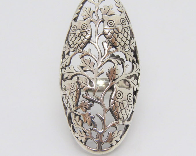 Vintage Sterling Silver Owls Leaf Filigree Long Ring Size 8