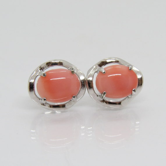 Vintage Sterling Silver Oval Salmon Coral Earrings - image 4