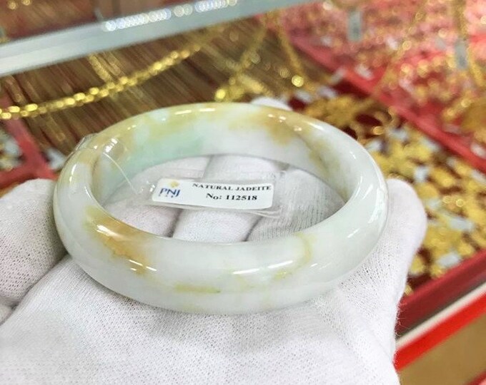Translucent Natural Green White, Honey Jadeite Jade Vintage Bangle Bracelet 57.9MM