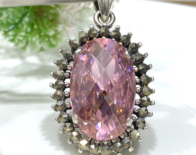 Vintage Sterling Silver Oval cut Pink Sapphire & Marcasite Pendant