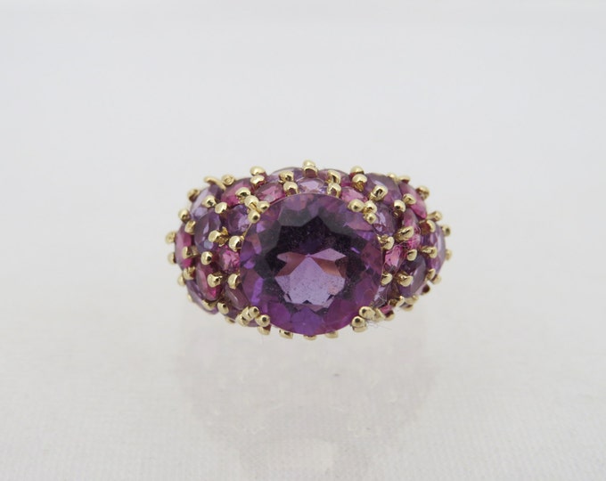Vintage 10K Solid Yellow Gold 9.09ct Natural Amethyst & Tourmaline Ring Size 7