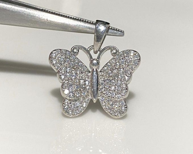 Vintage Sterling Silver White Topaz Butterfly Pendant.
