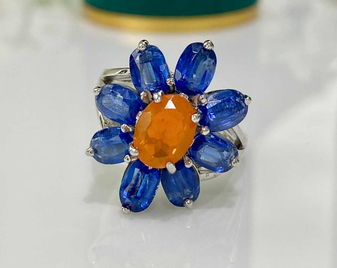 Vintage Sterling Silver Natural Orange Fire Opal & Kyanite Flower Ring Size 7 3/4