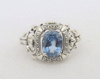 Vintage Sterling Silver Oval Aquamarine Filigree Ring Size 8