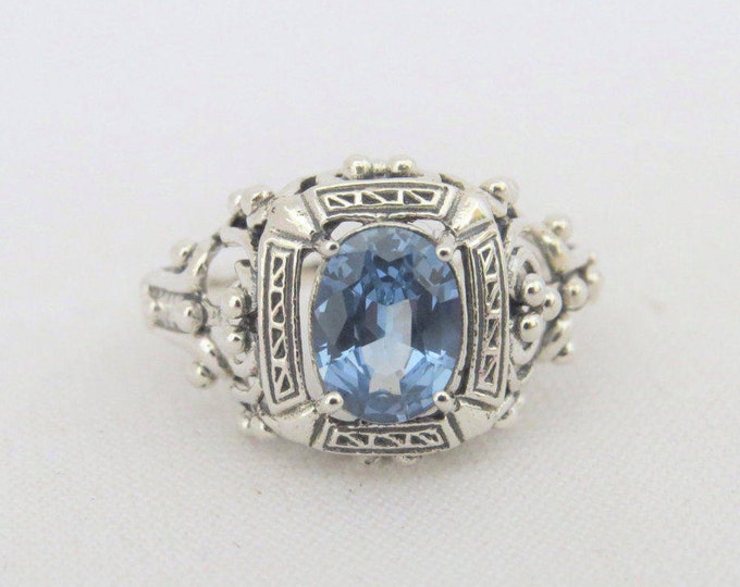 Vintage Sterling Silver Oval Aquamarine Filigree Ring Size 8