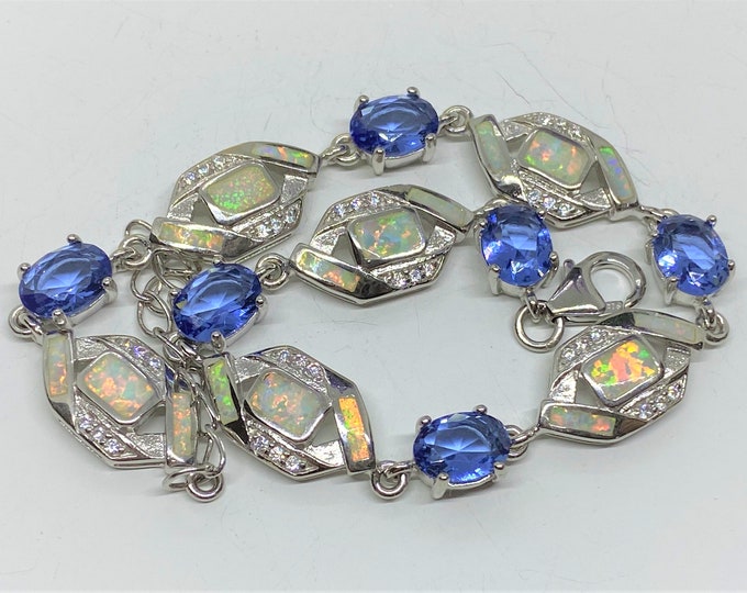 Vintage Sterling Silver Oval Tanzanite & White Opal Link Bracelet 8''