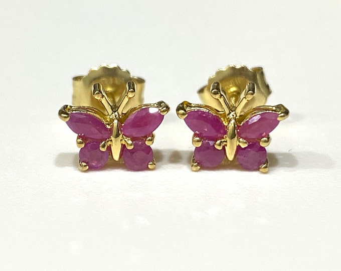 Vintage Sterling Silver 14K Gold Plate Natural Rubies Butterfly Earrings.