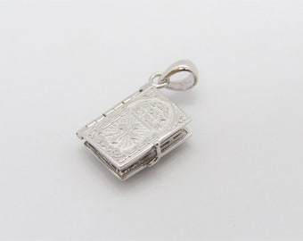 Vintage Sterling Silver Lord's Prayer Holy Bible Open Pages Locket Pendant