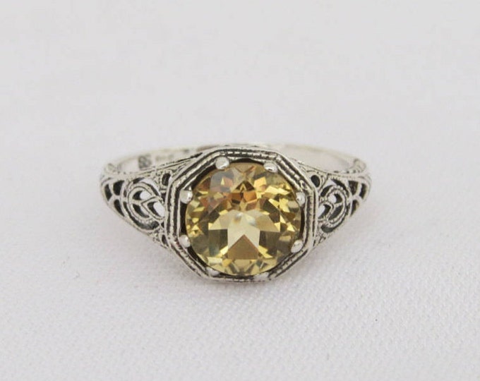 Vintage Sterling Silver Natural Citrine Filigree Ring Size 9