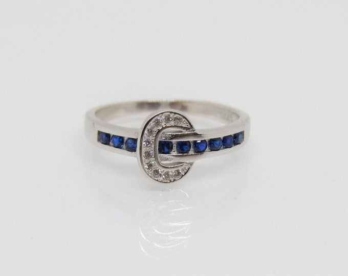 Vintage Sterling Silver Blue Sapphire & White Topaz Belt Buckle Ring Size 7