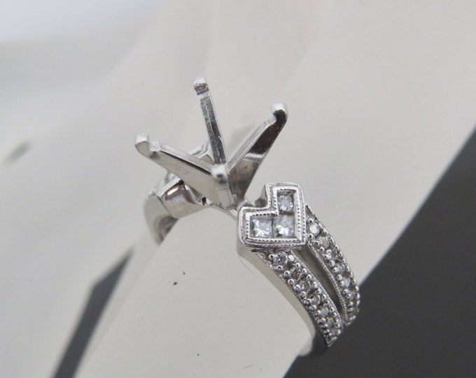 Vintage 14K Solid White Gold .49ct Diamond Mounting Setting Engagement Ring For 2.0ct  Size 5
