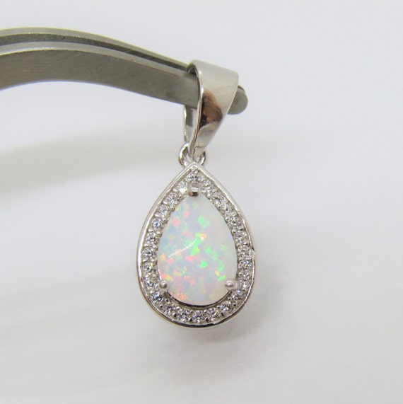 Vintage Sterling Silver Pear cut White Fire Opal … - image 1