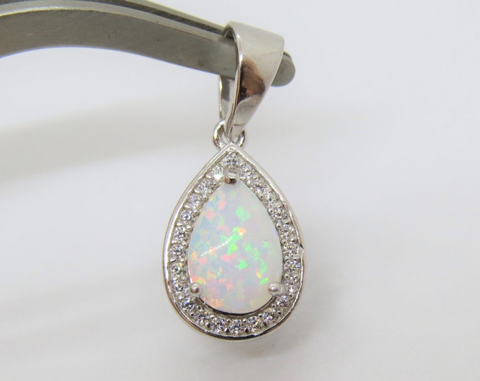 Vintage Sterling Silver Pear cut White Fire Opal & White Topaz Pendant