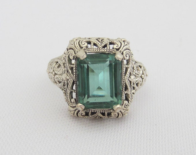 Vintage Sterling Silver Emerald Filigree Ring Size 6