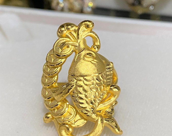 24K 999 Pure Gold 3D Fish Goldfish Money Coin Luck Vintage Ring Size 7.5