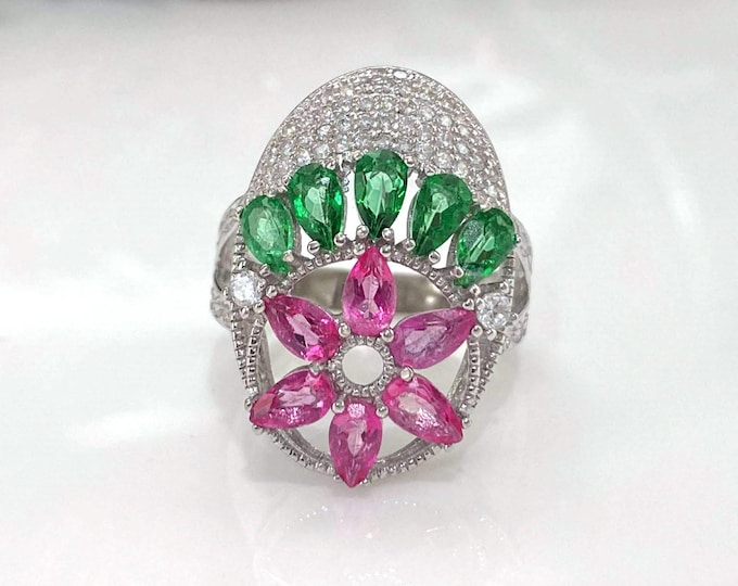Vintage Sterling Silver Natural Pink, Green & White Topaz Flower Ring Size 7