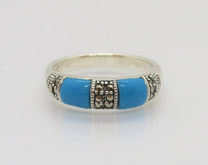 Vintage Sterling Silver Turquoise & Marcasite Band Ring Size 8